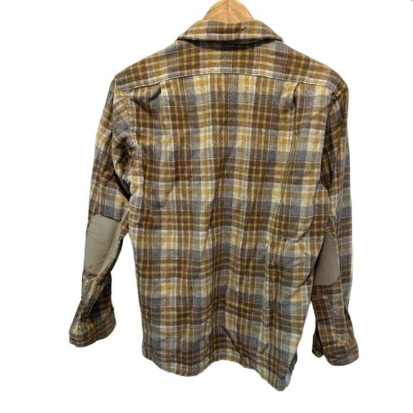 Vintage Pendleton Wool Board Flannel brown Plaid Flap Pockets. Unique Sz m - Picture 2 of 10